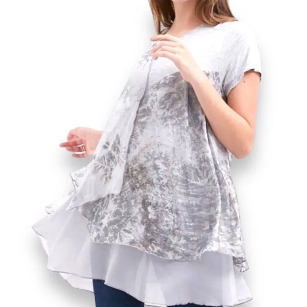 Gray White Abstract Design Cotton  Short Sleeve Overlay Tunic Top - NEW
